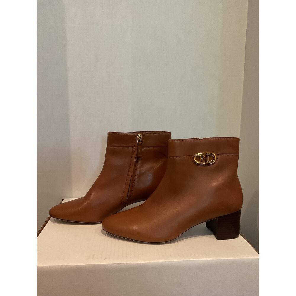 Lauren Ralph Lauren - Wynne -Leather Block Heel Ankle Bootie - British Tan - 10